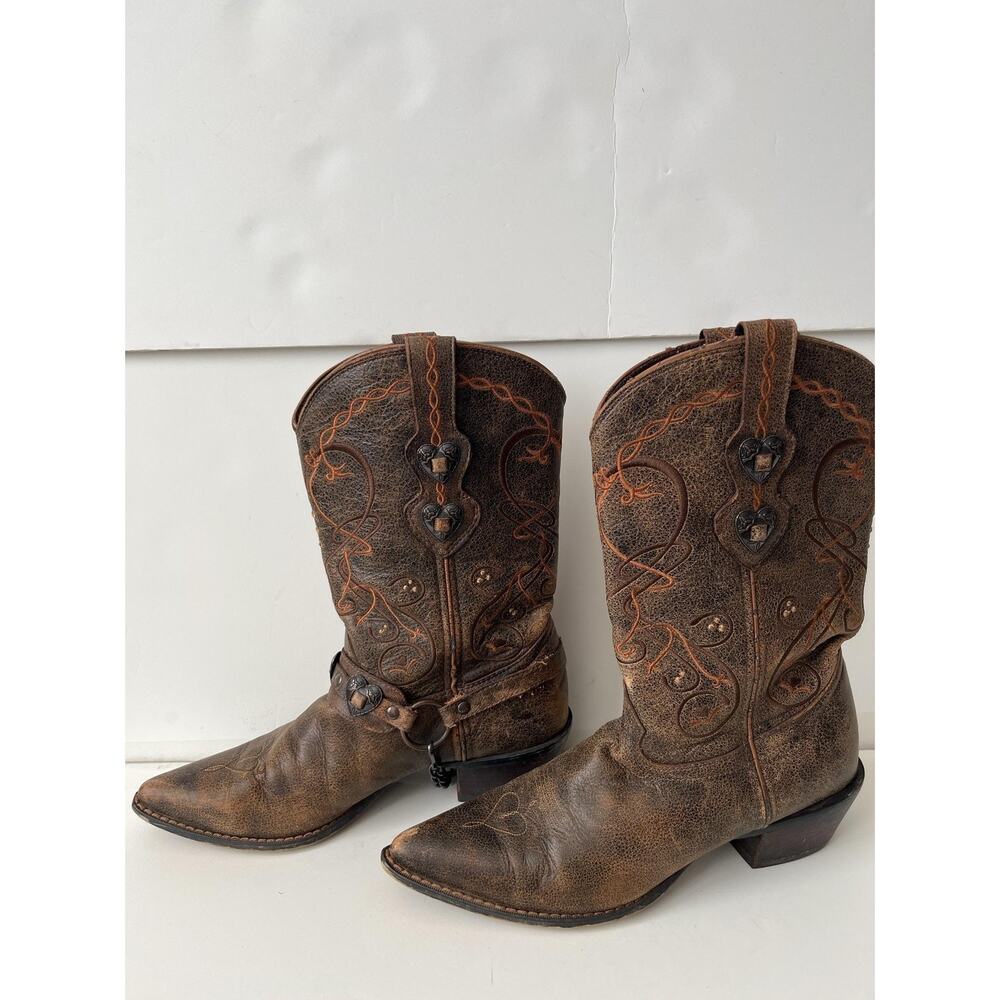Durango Boots Women Size 9M Brown Leather Western Heart Harness Cowgirl RD4155